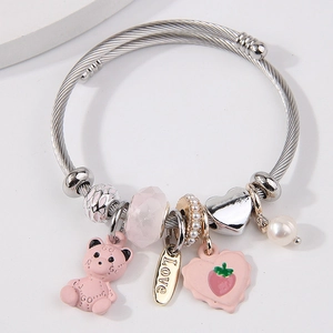 Stainless Steel Bangle Twisted Cable Bracelet With Cartoon Bear Heart Charms Faux Artificial Pearl Resin Beads Personalized Jewelry