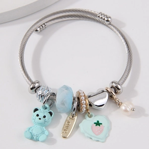 Adjustable stainless steel wire bangle with blue bear, love tag, and heart charms