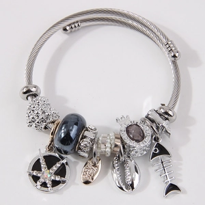 Marine Theme Charm Bracelet Stainless Steel Starfish Shell Fish Bone Heart Pendant Rhinestone Beads Adjustable Bangle