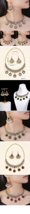 Detail view of Bohemian vintage necklace and earrings set with emerald rhinestones and pearls