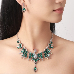 Exaggerated Zinc Alloy Rhinestone Peacock Jewelry Set For Women Statement Necklace And Earrings For Banquet Wedding Party