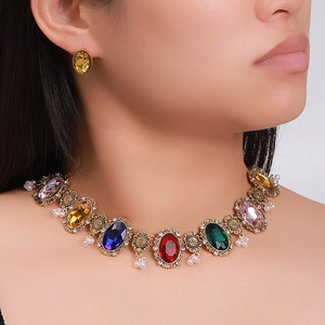 Vintage Boho Oval Gemstone Necklace And Earrings Alloy Rhinestone Faux Artificial Pearl Ethnic Jewelry For Women