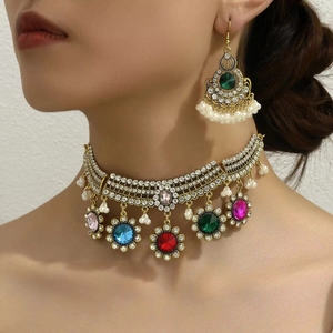Vintage Bohemian Necklace And Earrings Alloy Rhinestone Glass And Imitation Artificial Pearl Exotic Ethnic Style For Women