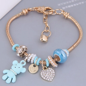 Golden Alloy Steel Snake Bone Charm Bracelet With Resin Bear Heart Pendant Rhinestone And Artificial Pearl For Women