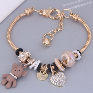 Adjustable gold charm bracelet with cute bear, heart pendant, and colorful glass beads