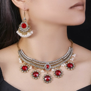 Ethnic Retro Jewelry Women Alloy Glass Rhinestone Resin Faux Artificial Pearl Middle Eastern Boho Necklace And Earrings