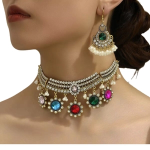 Bohemian choker necklace and earring set with colorful floral gems and pearls