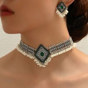 Vintage Bohemian Ethnic Choker Necklace And Earrings For Women Alloy Rhinestone Imitation Artificial Pearl Retro Geometric