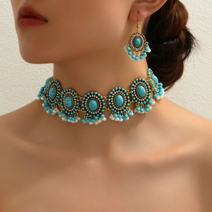 Bijoux Bohème Collier Boucles D'oreilles Alliage Turquoise Imitation Künstliche Perle Ras Du Cou Style Ethnique Vintage Pour Femmes