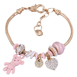Verstellbares goldenes Charm-Armband mit rosa Bär, Strasssteinen und Herzanhänger