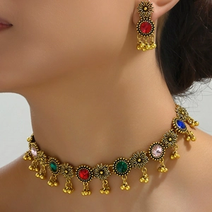 Set Di Gioielli Con Collana E Orecchini A Girasole In Lega Di Strass Retrò Bohémien Per Donna Girocollo In Stile Etnico Con Perline