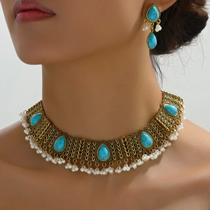 Parure Collier Et Boucles Oreilles Alliage Femme Turquoise Simulée Vintage Ethnique Choker Gland Künstliche Perle Artificielle