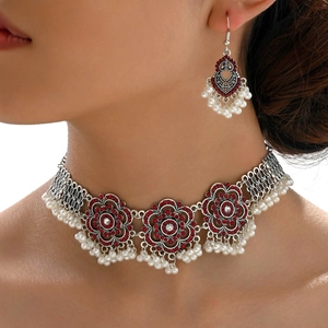Parure Collier Boucles D'oreilles Bohème Ethnique Vintage Rouge Strass Künstliche Perle Artificielle Alliage Palais Bijoux De Fête Femmes