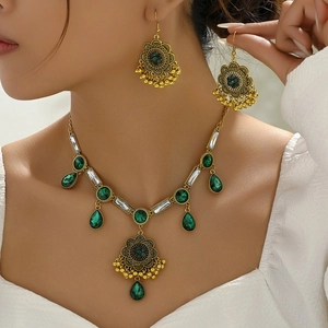 Middle Eastern Ethnic Jewelry Set Alloy Rhinestone Water Drop Tassel Necklace And Dangle Earrings Vintage Style Women