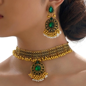 Vintage Ethnic Choker Necklace Dangle Earrings Ring Jewelry Accessory Alloy Rhinestone Faux Artificial Pearl Statement Bohemian Exotic
