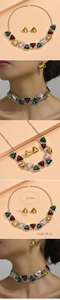 Macro detail of geometric triangle necklace set with colorful resin gemstones and ear studs