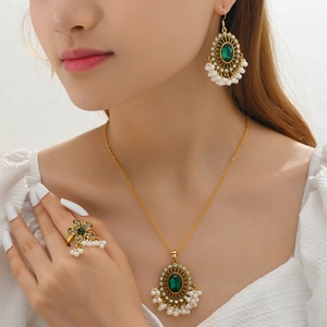 Vintage Bohemian Necklace Earrings Ring Alloy Faux Artificial Pearl Rhinestone Water Drop Ethnic Style Fashion Accessory For Women