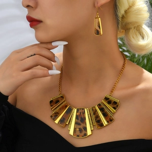 Leopard Print Resin Alloy Necklace And Earrings Bohemian Vintage Geometric Statement Jewelry For Women