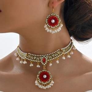 Retro Palace Ethnic Floral Choker Necklace And Earrings Jewelry Alloy Artificial Pearl Rhinestone For Women
