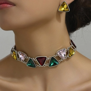 Alloy Glass Colorful Triangle Geometric Choker Necklace And Earrings Jewelry Set Retro Luxury Banquet For Women