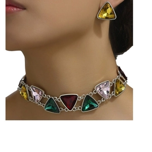 Bohemian geometric necklace and earrings set with multicolor triangle gemstones