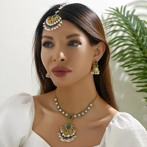 Ethnic Bohemian Alloy Rhinestone Artificial Pearl Necklace Earrings Headpiece Women Indian Wedding Party Accessories