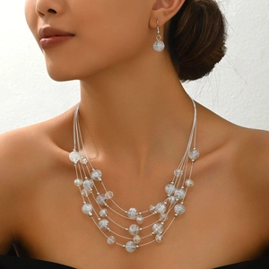 Bohemian multi-layer silver chain necklace and matching crackle bead earrings set