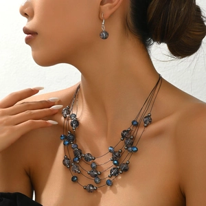 Bohemian Multi-Layer Beads Necklace And Earrings Set Vintage Ethnic Alloy Rutilated Quartz Jewelry Necklace For Women Accessories