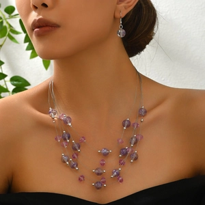 Bohemian multi-layer beaded necklace and earring set with purple marble stones
