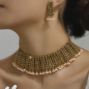 Rhinestone Crystal Geometric Necklace And Earrings Alloy Faux Artificial Pearl Tassel Bohemian Vintage Statement Jewelry For Women