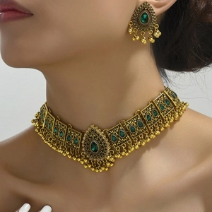 Bohemian Ethnic Necklace And Earrings Jewelry Alloy Rhinestone Waterdrop Tassel Vintage Indian Style For Women