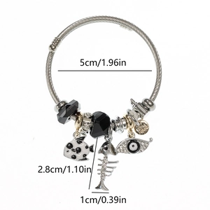 Stainless steel beaded bracelet with evil eye and fish charms, 5cm diameter size