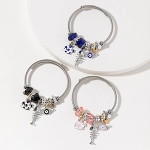Stainless steel cable bracelets with crystal beads, fish charms and evil eye pendants