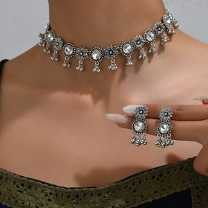 Parure de bijoux fleur vintage en argent avec strass brillants et pampilles pour femmes