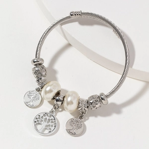 Bracelet ajustable en acier inoxydable avec breloques arbre de vie et perles blanches