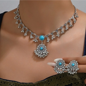 Parure de Bijoux en Alliage de Zinc avec Turquoise Artificielle Style Ethnique Rétro Collier et Boucles d'Oreilles Femme