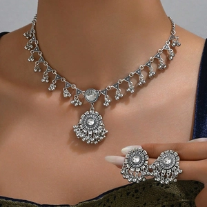 Parure de bijoux ethniques bohèmes en argent avec perles et pierres vintage