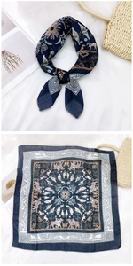 Detail of navy cotton linen square scarf with vintage animal and mandala floral patterns