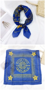 Detail of navy cotton-linen scarf with yellow Sgt. Pepper's Beatles inspired print