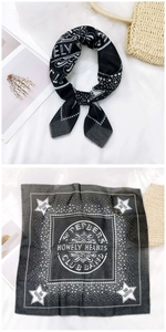 Detail of square cotton-linen scarf with black and white rock band graphic print