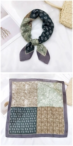 Detail of multi-color vintage cotton linen square scarf with paisley and plaid patterns