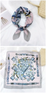 Detailed jewelry print on lightweight pink cotton linen square scarf with floral accents