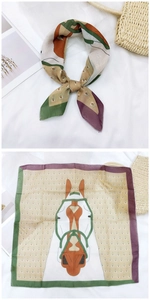 Detailed pattern of small square cotton-linen scarf with horse illustration and geometric art