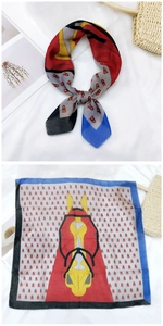 Detail of artistic cotton linen square scarf featuring abstract horse print and vintage patterns