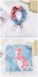 Pink cotton-linen scarf with world map pattern and red horse detail shown flat and knotted