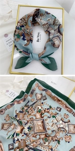 Close-up of lightweight cotton linen square scarf featuring Baroque bird and chain prints