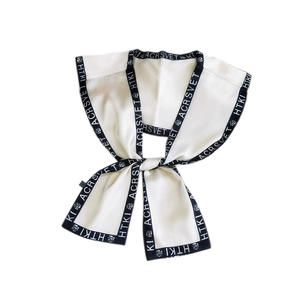 Double-layered silk satin shawl scarf with elegant black border and floral typography