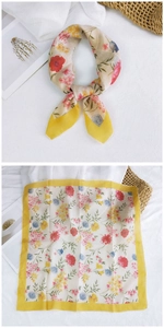 Close-up of floral cotton linen square scarf with yellow borders and elegant print