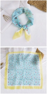 Detailed close-up of light blue floral cotton linen square scarf with yellow border trim