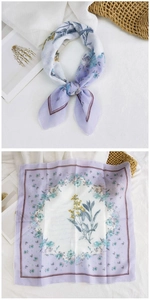Detailed pattern of light purple square floral scarf with yellow-blue botanical art